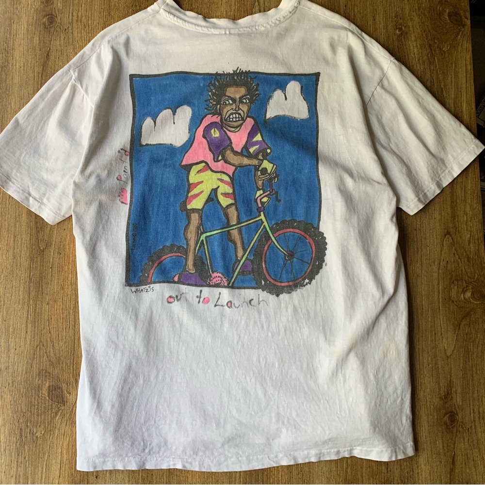 Vintage Whatzis Clothing Co T-Shirt Cycling Art 1989 Mountain Biking Hanes Beefy